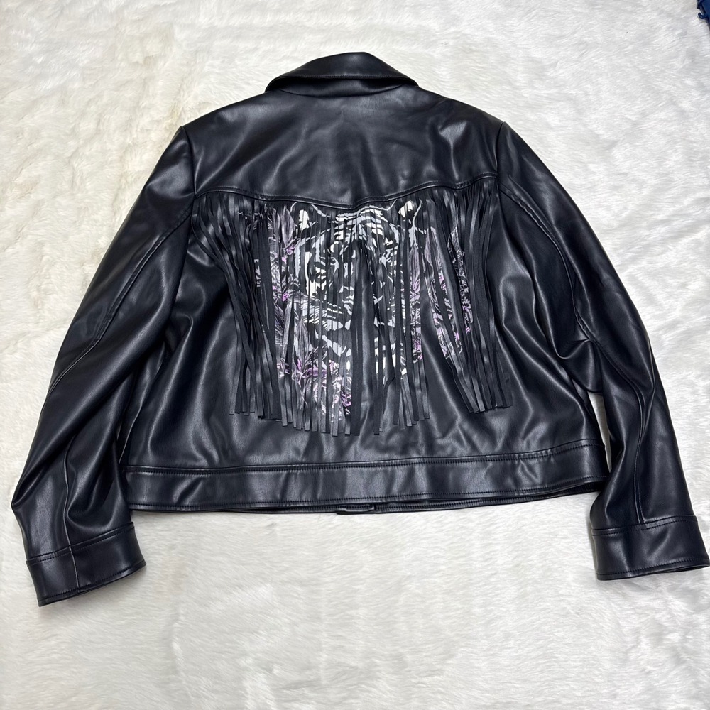 NWOT G by Giuliana Faux Leather‎ Fringe Tiger Graphic Jacket XL Biker Festival - Picture 2 of 6